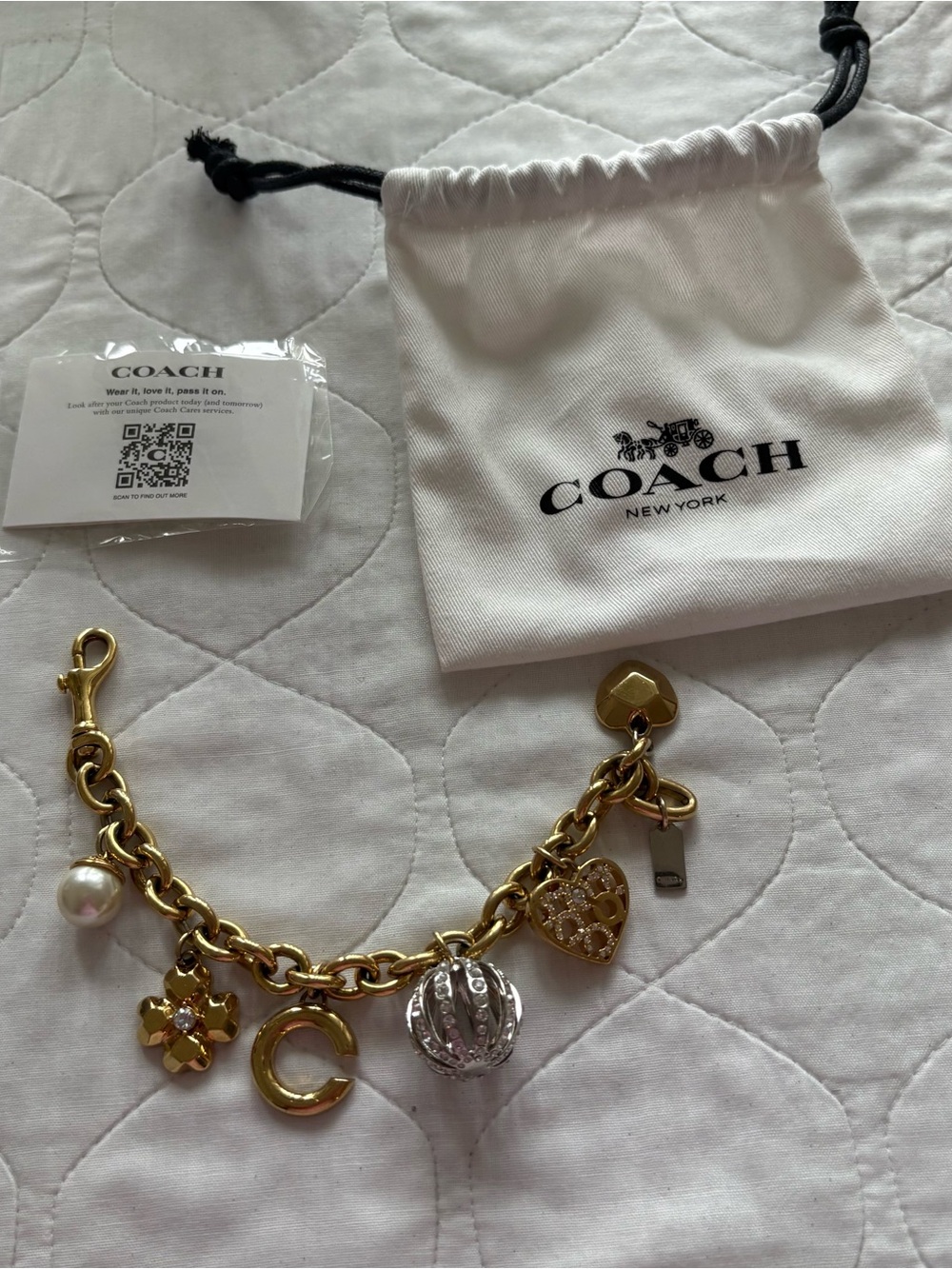 Coach Gold Swagger Charm Bracelet with Crystal, Pearl & Black Accents